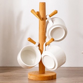 1 套木製支架形狀的木杯支架支架支架 6 鉤樹形茶杯架收納架, 用於廚房杯懸掛飲料架展示架