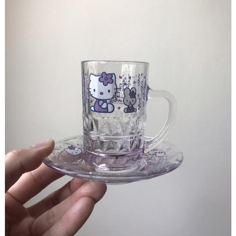 北海道小樽銀之鐘凱蒂貓咖啡杯 hello kitty 紫透玻璃杯 日本製硝子下午茶杯