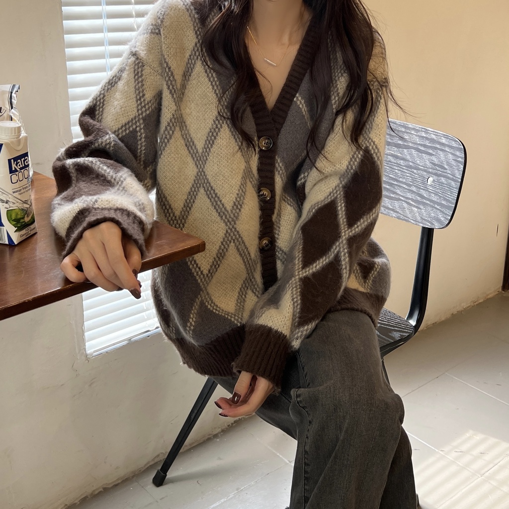 韓版寬鬆小眾chic針織外套 棕色菱格紋外套