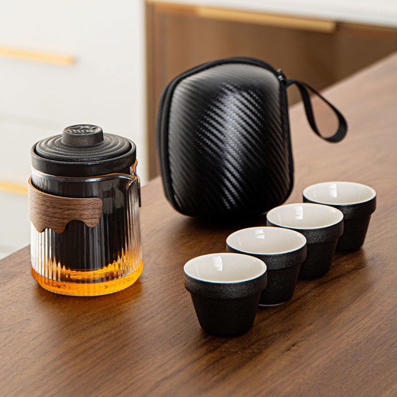 陸羽茶具旅行茶具套裝便攜式戶外隨身包粗陶快客杯一壺四杯玻璃茶壺泡茶杯