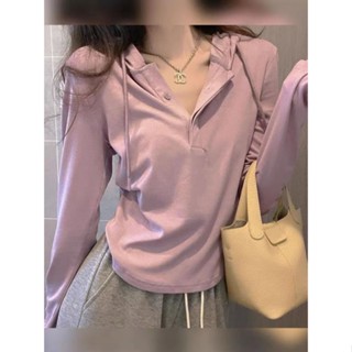 【HOSS】連帽抽繩長袖打底衫女春秋季修身顯瘦T恤高階感上衣女生潮ins