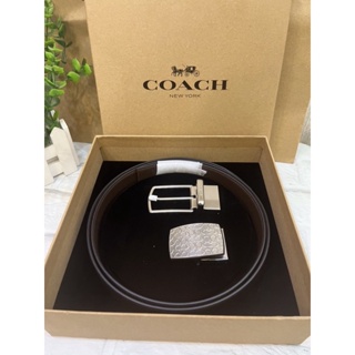 現貨🇺🇸 COACH 浮雕LOGO方形牌扣雙頭雙面用皮帶禮盒組 黑x鐵灰(F65242）
