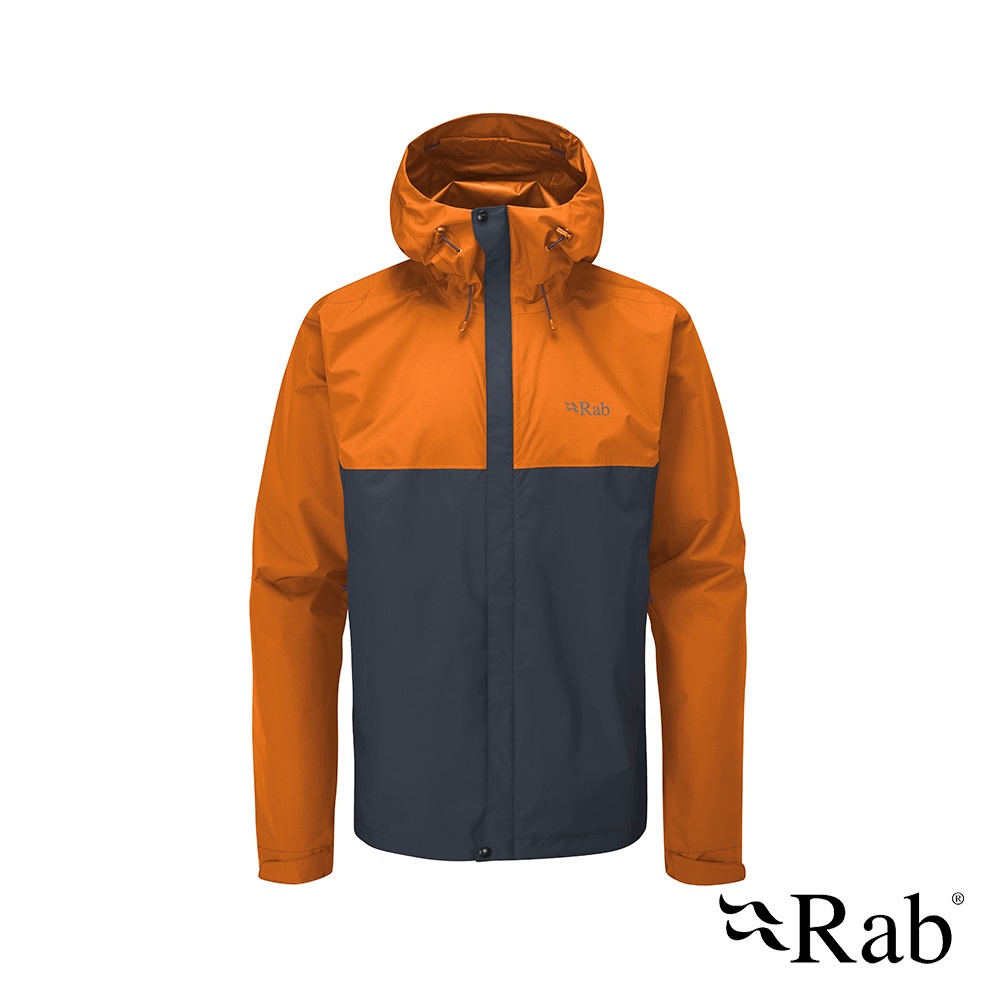 【英國 RAB】Downpour Eco Jacket 輕量防風防水連帽外套 男款 橙橘/鯨魚灰 #QWG82｜碧綠商行