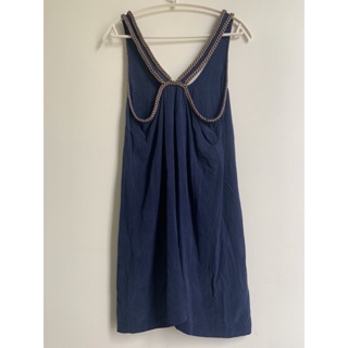 Joie深藍色金屬鏈條挖背真絲連身裙/背心裙