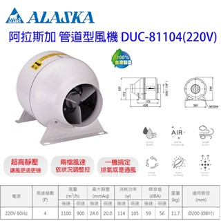 ALASKA 阿拉斯加 DUC-81102 81104 管道型風機 通風 抽風機 送風機 排風機 中繼扇 臺灣製