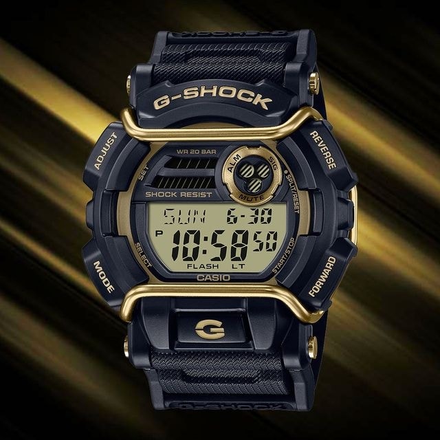 CASIO卡西歐 G-SHOCK 街頭時尚 百搭黑金 防撞保護框 經典數位顯示 GD-400GB-1B2_49.7mm