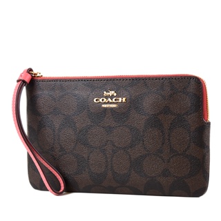 COACH 立體馬車緹花LOGO防刮皮革大手拿包-咖啡桃紅【美國正品 現貨】