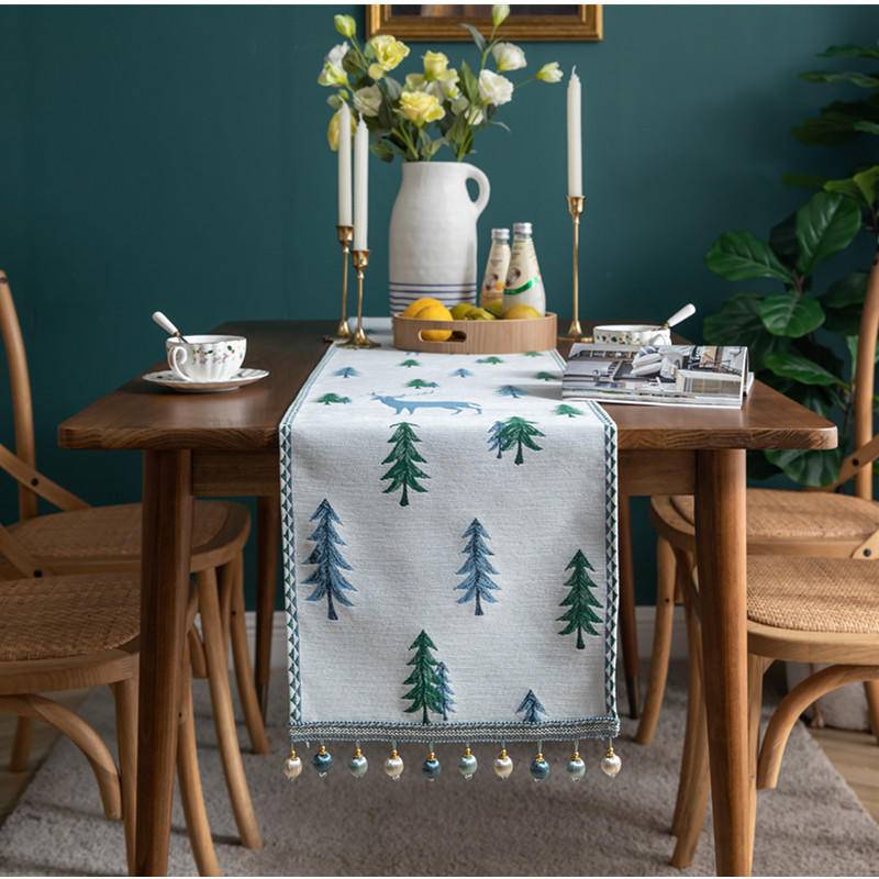聖誕桌旗 新款 小樹森林鹿 提花桌旗 家用家居布藝 客廳茶旗