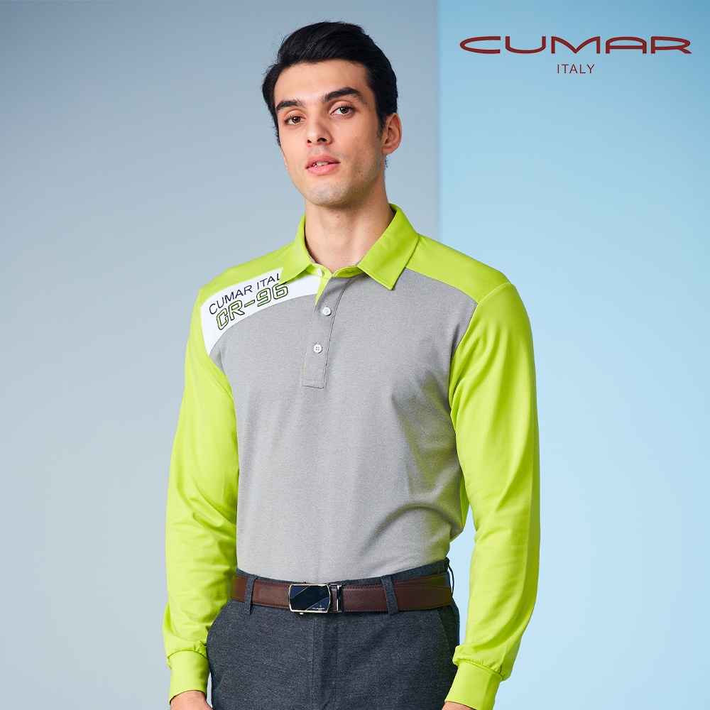 【CUMAR】男裝長袖襯衫領色塊拼接POLO衫/179205-36鮮綠