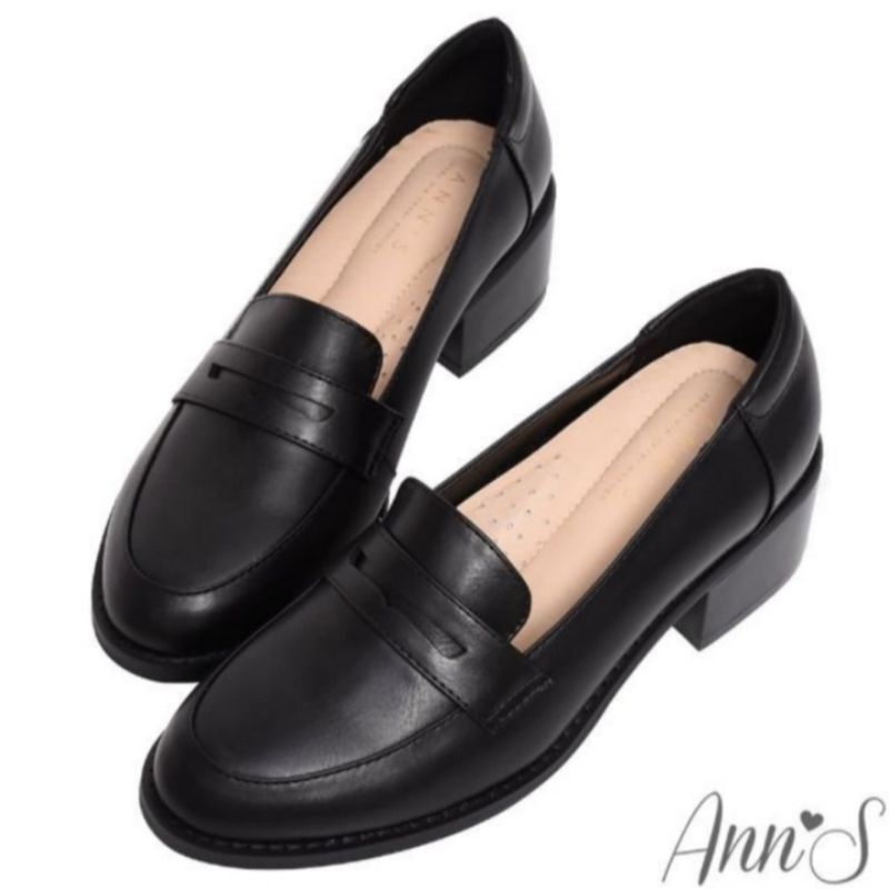 《二手》【Ann’S】質感素面粗跟5cm紳士鞋/樂福鞋/上班鞋(黑)40號
