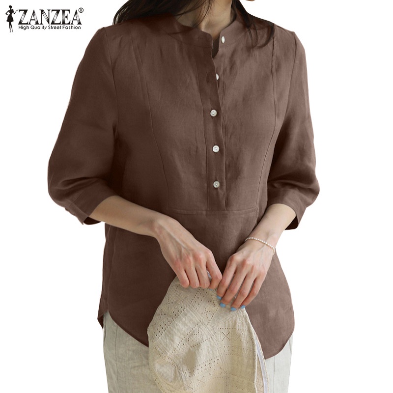 Zanzea 女士復古街頭休閒 3 / 4 袖不規則設計排扣棉質襯衫