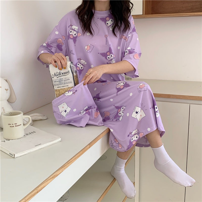 紫色日式牛奶絲庫洛米甜美柔軟睡裙 新款ins甜美可愛 爆款家居服薄款短袖睡衣大尺碼寬鬆卡通  家居服套服防過敏乾淨舒適居