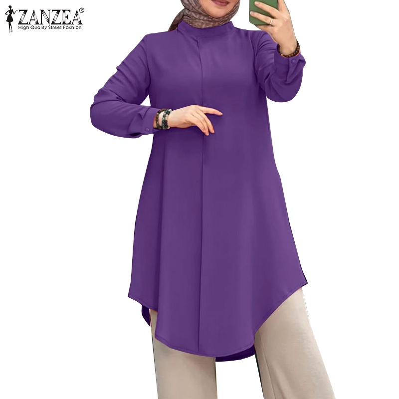 Zanzea 女士穆斯林街頭時尚長袖 O 領純色寬鬆休閒下擺上衣