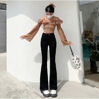 黑色 高街 美式 復古 喇叭 彈力 牛仔褲 韓版 高腰 顯瘦 喇叭 牛仔褲女