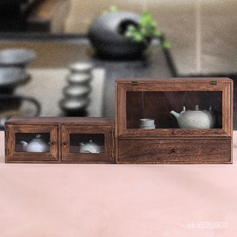 實木桌面防塵茶杯架茶壺櫃茶具收納盒擺件架置物展示盒茶櫃 萬家樂