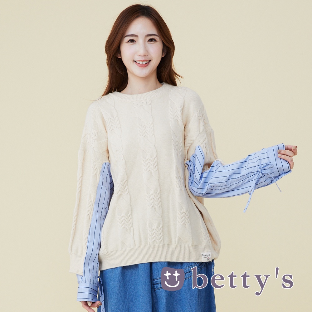 betty’s貝蒂思(15)條紋布拼接針織毛衣(米白)