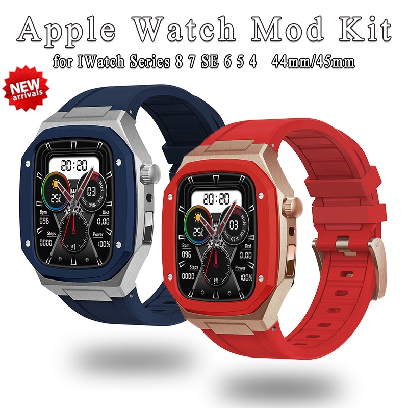 蘋果手錶系列的豪華更換盒 8 7 6 5 4 44mm 45mm 男士堅固錶殼邊框矽膠運動錶帶, 適用於 IWatch