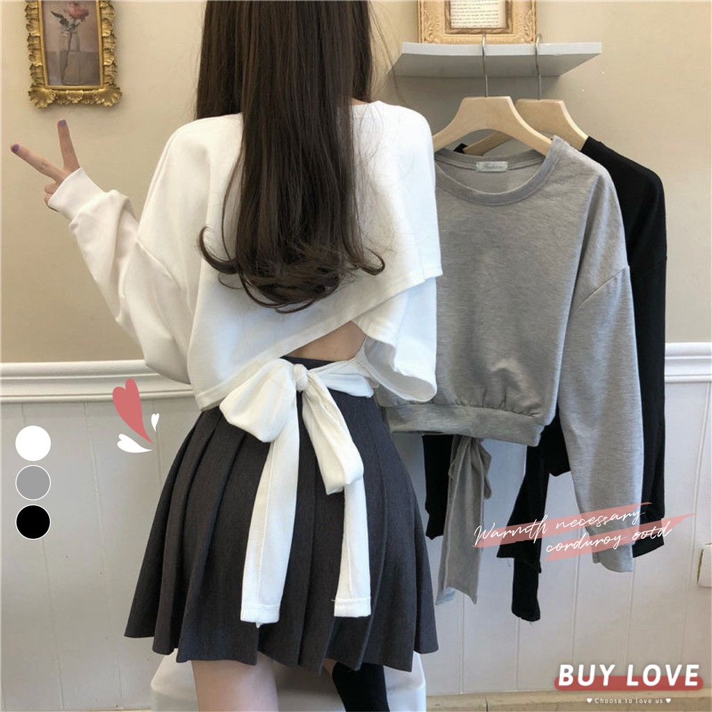 【買到戀愛】韓版後綁帶長袖上衣 帽T 大學T 毛衣 長袖 短版上衣 長袖上衣  女上衣 女裝【FB305】