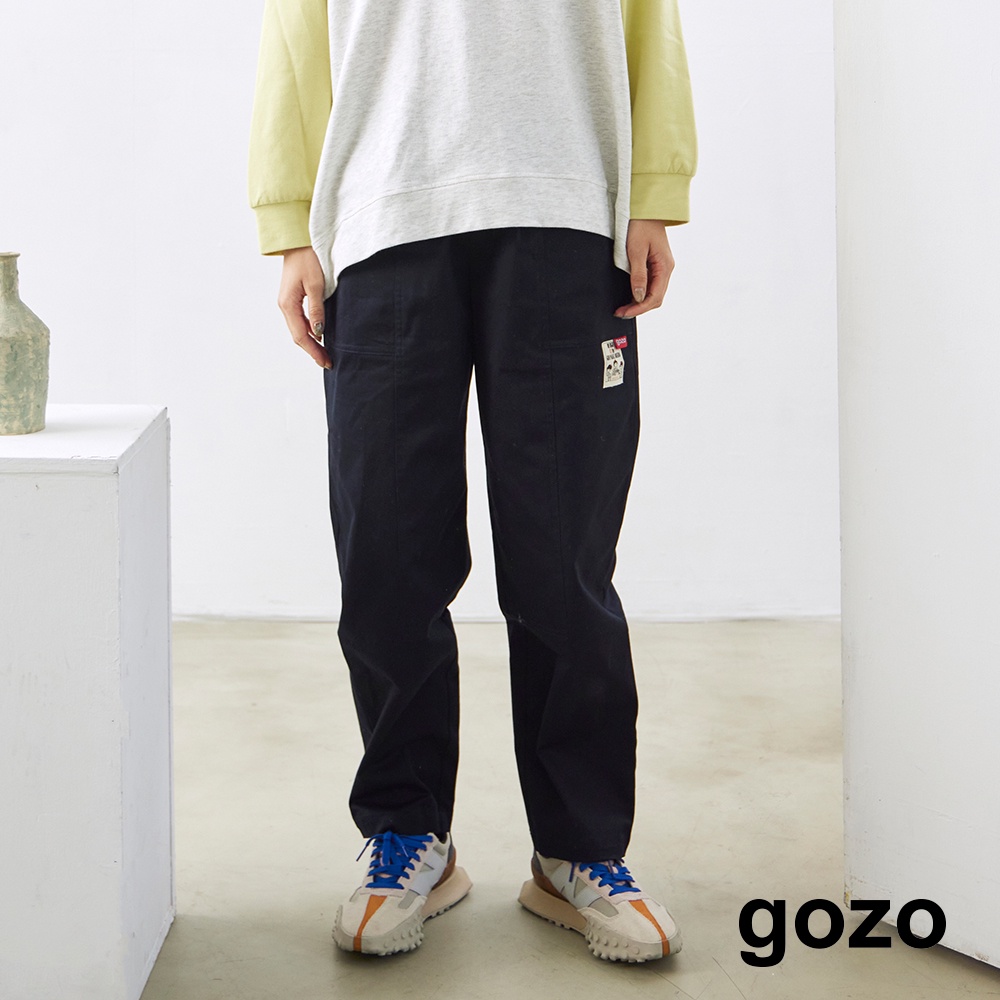 【gozo】宮樂團胚布標彈性寬管小腳褲(深藍/綠色_M/L)｜女裝 顯瘦 休閒