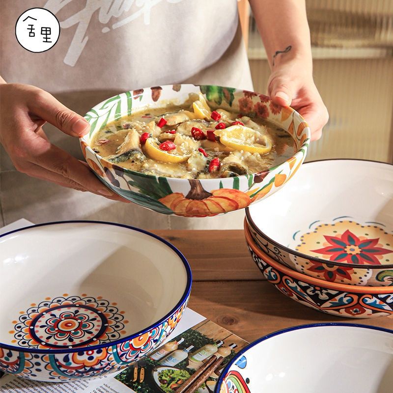 【現貨】波西米亞陶瓷餐具菜盤深盤淺口菜盆釉下彩蓋澆飯盤子大號湯碗