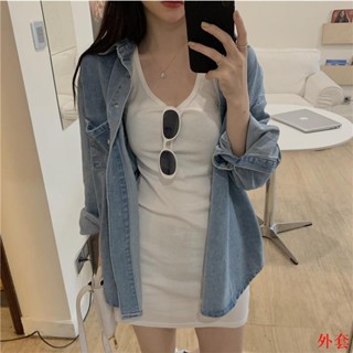 Chic girl 正韓ins牛仔襯衫牛仔外套oversize寬鬆氣質翻領牛仔襯衣女春裝2022年新款BF風小眾休閑%棉