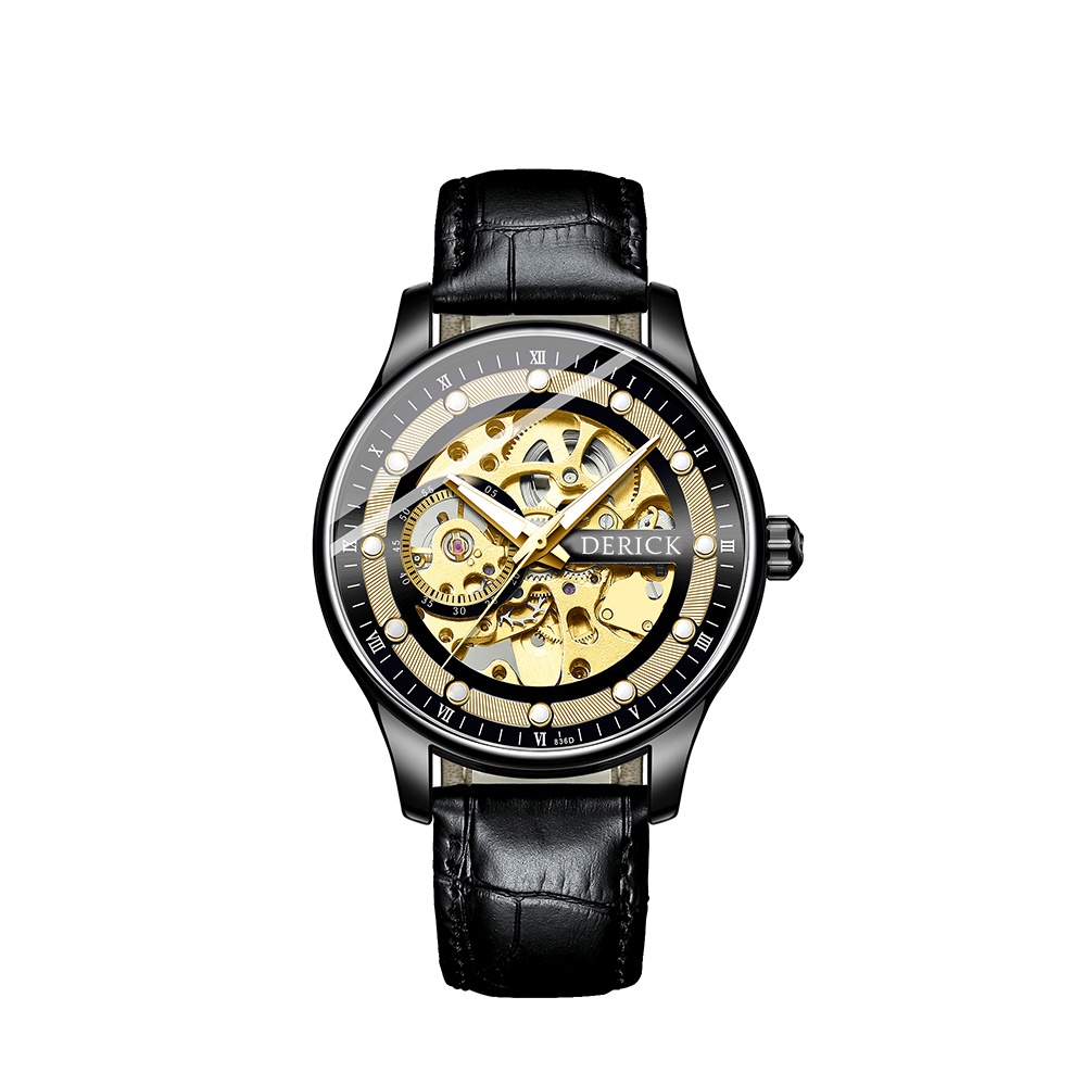 Derick 德理克 男手錶   指針式 機械錶 自動上鍊 金屬錶款 鏤空機械 夜光刻度 羅馬刻度 皮帶錶