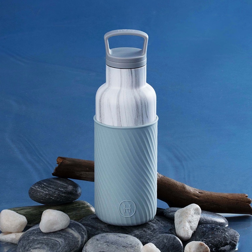 【2件9折】美國 HYDY 時尚不銹鋼保溫水瓶 480ml 水波紋矽膠套 大理石紋瓶 (積雲)