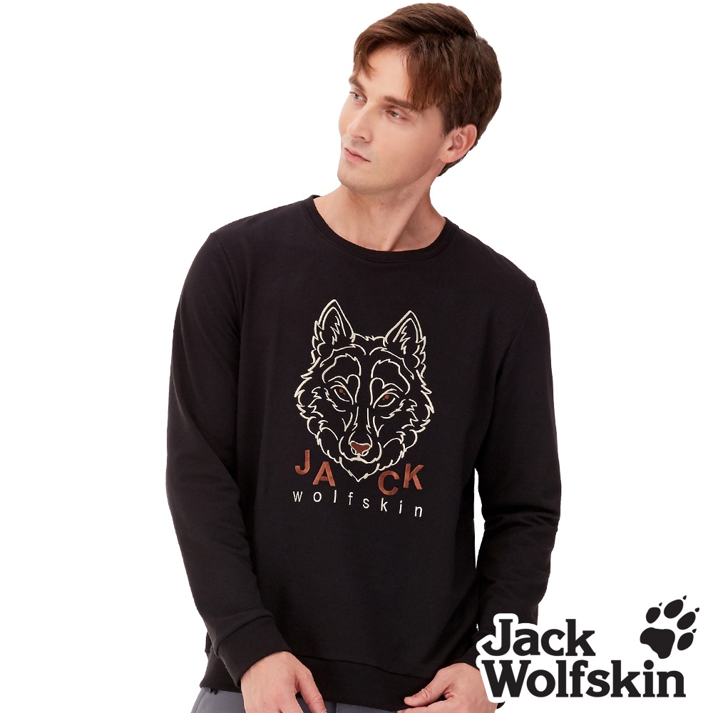 【Jack wolfskin 飛狼】男 長袖保暖排汗衣 帥氣刺繡狼頭T恤 大學T『黑』