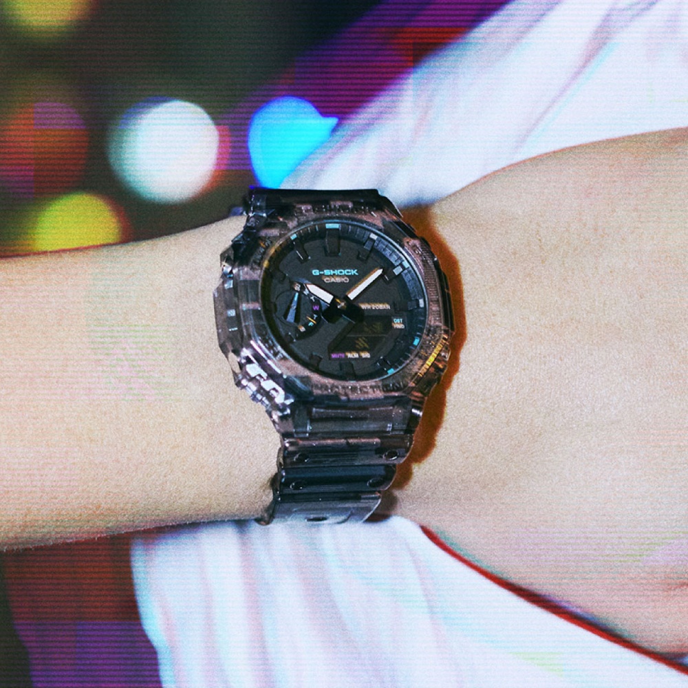 CASIO卡西歐 G-SHOCK 數位雜訊 半透明 閃爍紫 八角形錶殼 GA-2100NN-1A_45.4mm