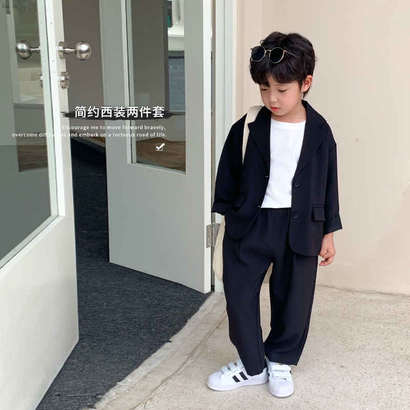 【galakoko】男童套裝2022秋季新款潮兒童帥氣西裝兩件套寶寶黑色西裝 男童西裝 兒童西裝 男童套裝