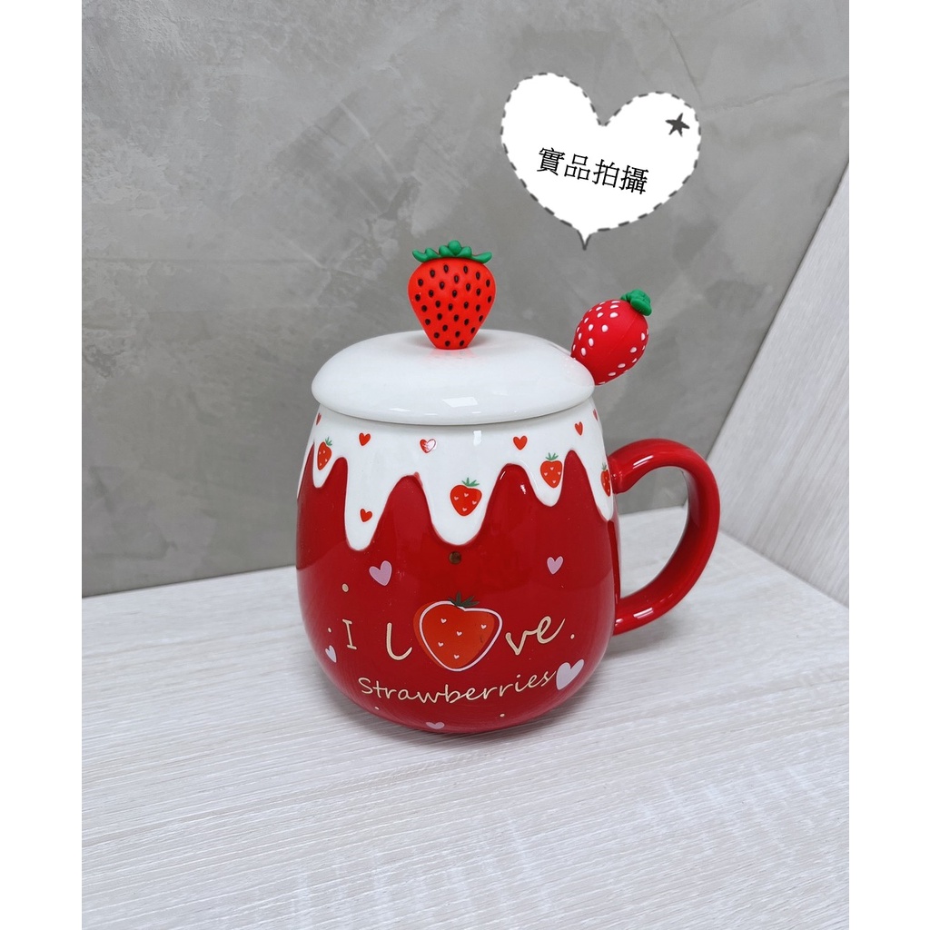 凱安❤現貨❤草莓造型馬克杯500ML(附草莓勺+銀勺) 咖啡杯 交換禮物 聖誕禮物 畢業禮物 陶瓷馬克杯 麥片杯