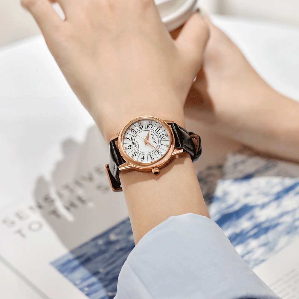 GUOU古歐女士手錶   潮流時尚個性復古數字表盤休閒貝殼麵皮帶手錶女