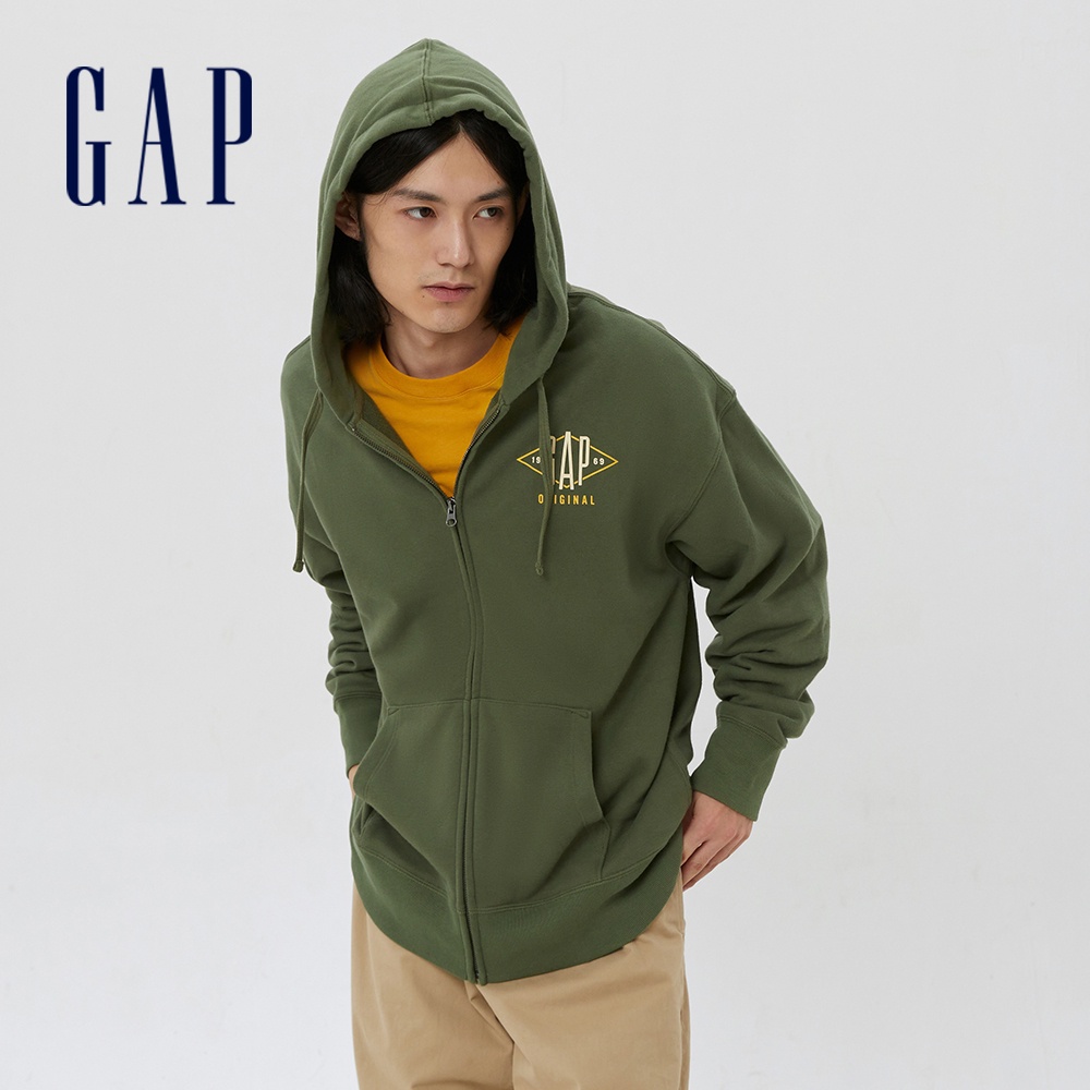 Gap 男女同款 Logo運動長袖外套 碳素軟磨法式圈織系列-綠色(447759)