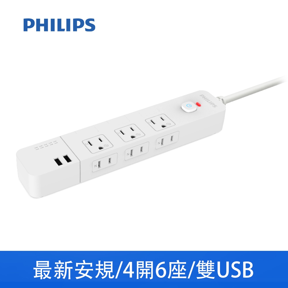 PHILIPS 飛利浦 CHP4760 4切6座+雙USB延長線 1.8M 安全延長線 隱藏式開關設計