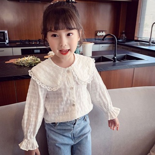秋裝兒童韓版上衣 女童娃娃領襯衫 洋氣花邊白色襯衫 小女孩上衣打底