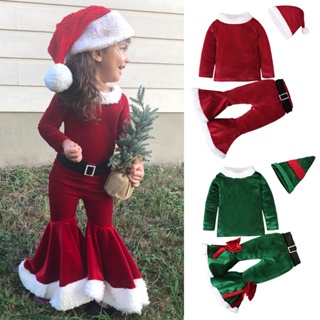 兒童聖誕節聖誕老人裝冬季紅色上衣 + 褲子 + 帽子兒童衣服服裝新年套裝