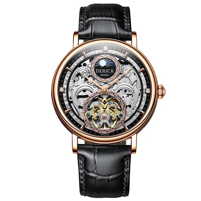 Derick 德理克 男手錶 指針式 機械錶 日月星辰 金屬錶款 雕花面板  自動上鍊 皮帶錶