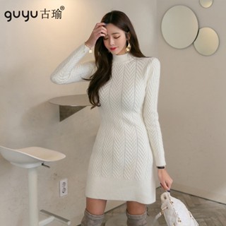 guyu古瑜 毛衣洋裝【S-XL】2022新款立領長袖彈力緊身麻花針織洋裝短板顯身材包臀內搭連身裙