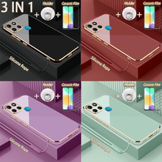 3 合 1 適用於 Infinix Smart 6 電鍍直金邊保護殼,帶鋼化陶瓷螢幕保護膜和支架和矽膠掛繩