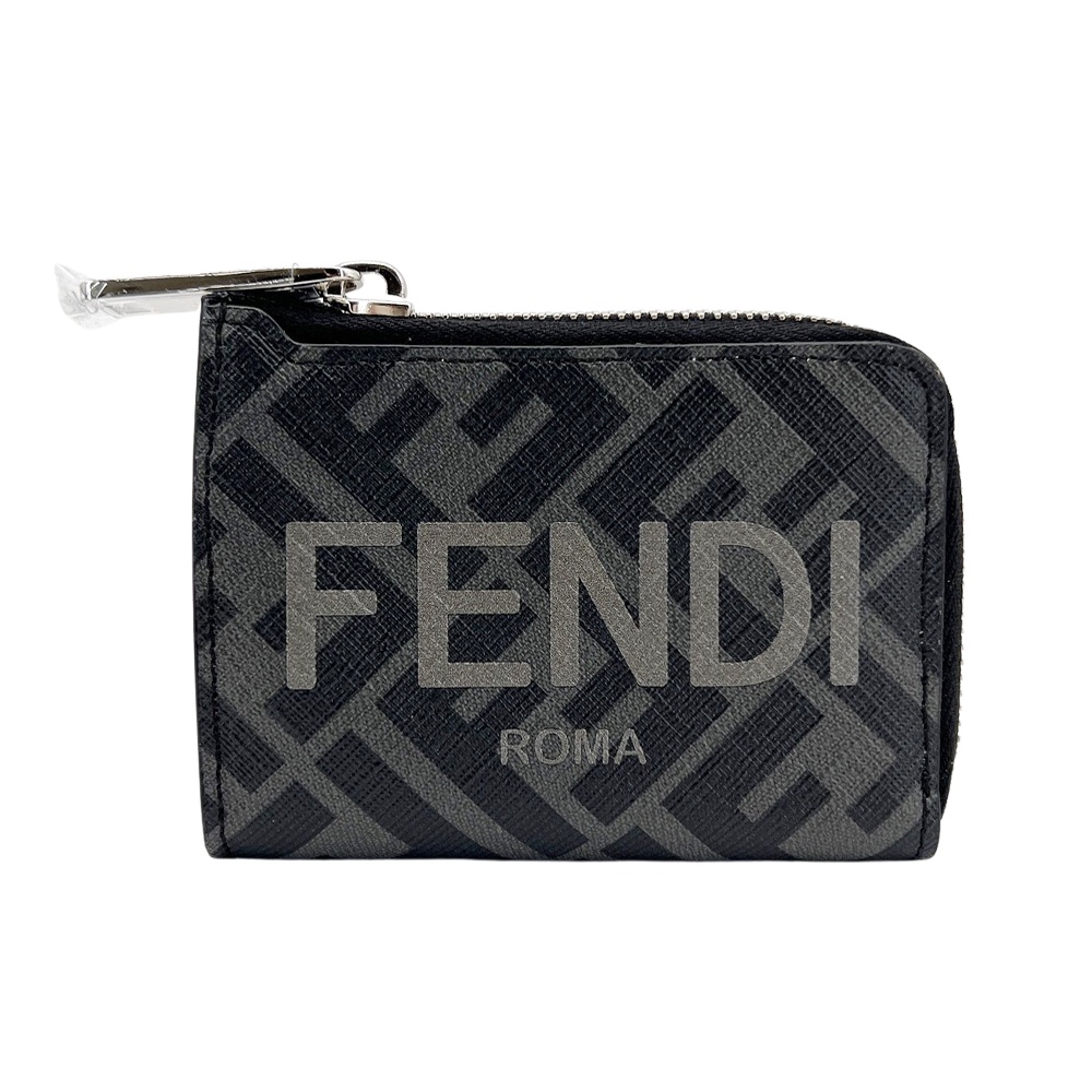 Fendi FF Logo 帆布L型拉鍊零錢包(7M0341-黑灰)