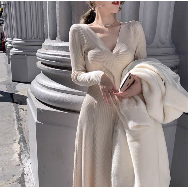 氣質針織長裙 米白色連衣裙 冬季洋裝 二手便宜賣