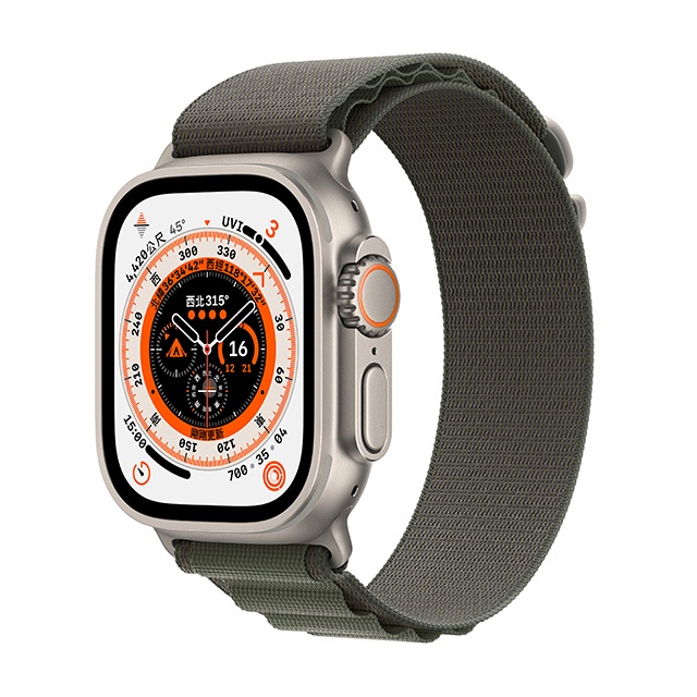 Apple Watch Ultra (GPS + Cellular), 49mm 鈦金屬錶殼；綠色高山錶環