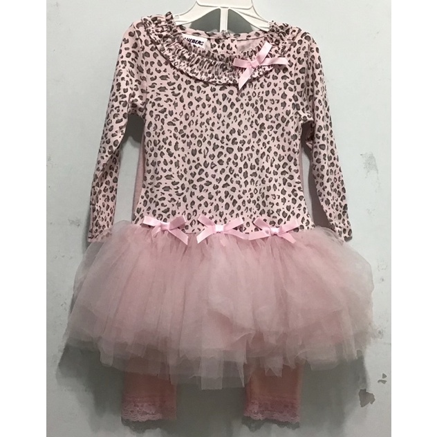 女童兩件式套裝 豹紋針織上衣底腰網紗蛋糕裙+配色粉紅長褲 公司結束 樣品出清