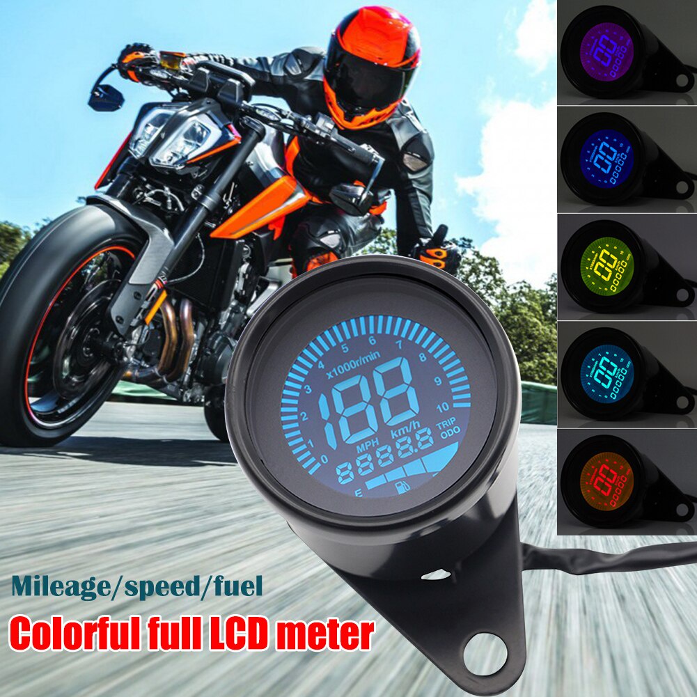 數字摩托車車速表 7 色 LED 背光 LCD 里程表轉速表油位表 12V 通用金屬儀表