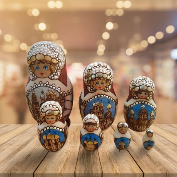 俄羅斯 俄國 7層娃娃 套娃7層/俄國傳統工藝品/經典金色圓頂教堂圖案