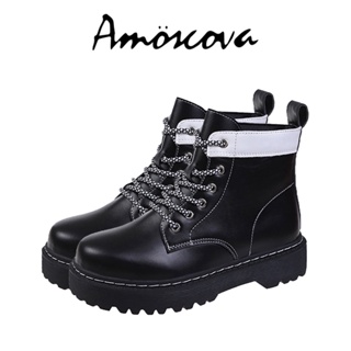 【Amoscova】女靴 黑白拚色馬汀靴 短筒英倫風機車靴 厚底靴 重機靴 低筒靴 女鞋(1668)
