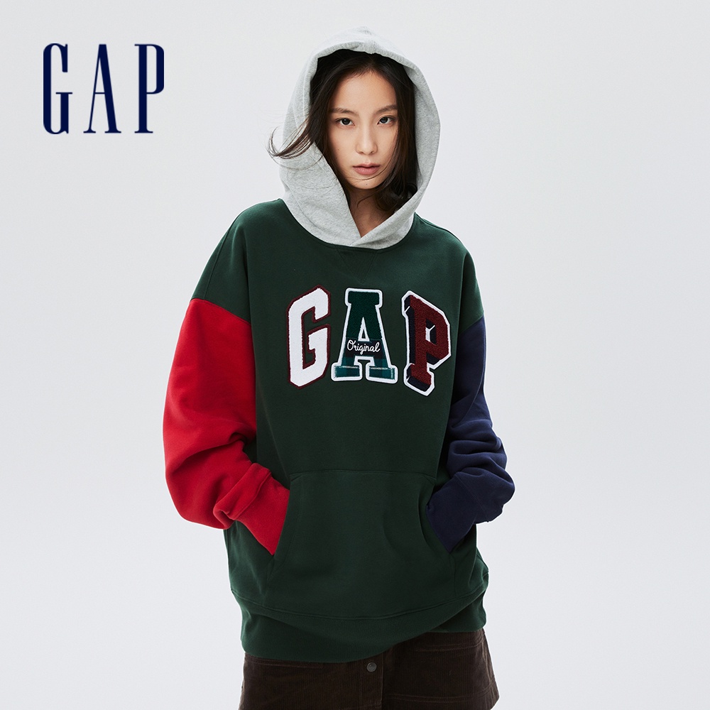 Gap 男女同款 Logo寬鬆刷毛帽T 碳素軟磨系列-墨綠色(505392)