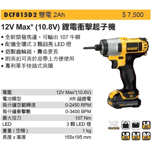 DEWALT 得偉 DCF815 12V Max*(10.8V) 鋰電衝擊起子機 雙電3.0 (含稅)