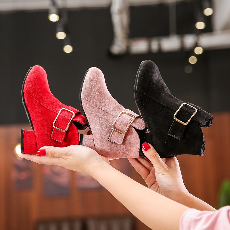 女童靴子紅色時尚麂皮高跟鞋馬丁靴 3-12 歲兒童 Bla 單鞋款式