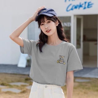 韓國製造 圓領短袖棉質T恤 刺繡熊熊圖上衣
